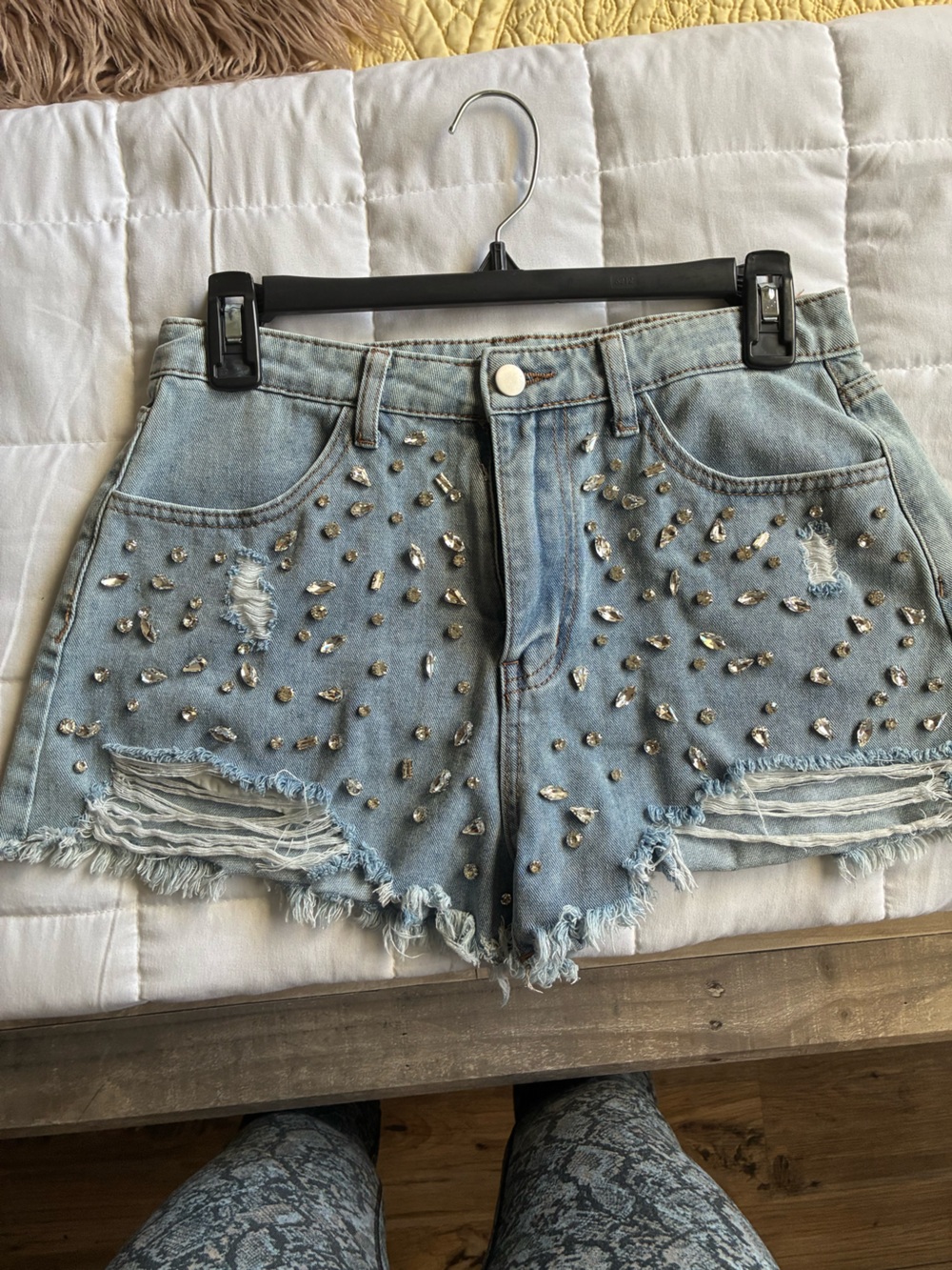 SHEIN Light Blue Distressed Denim Shorts with Silver Teardrop Studs